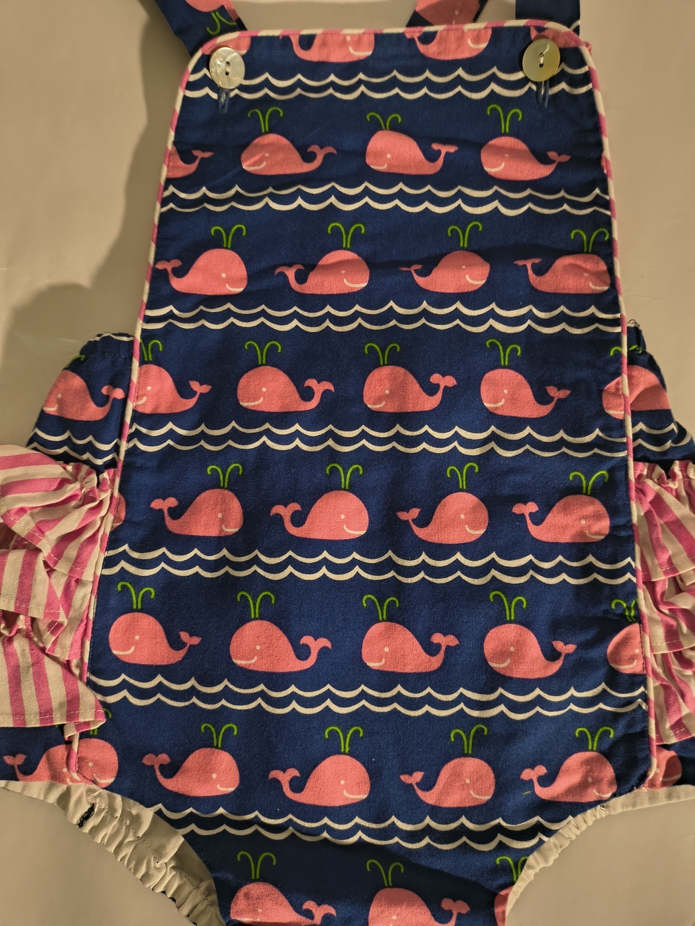 Girls Navy Blue & Pink Whale Ruffle Romper